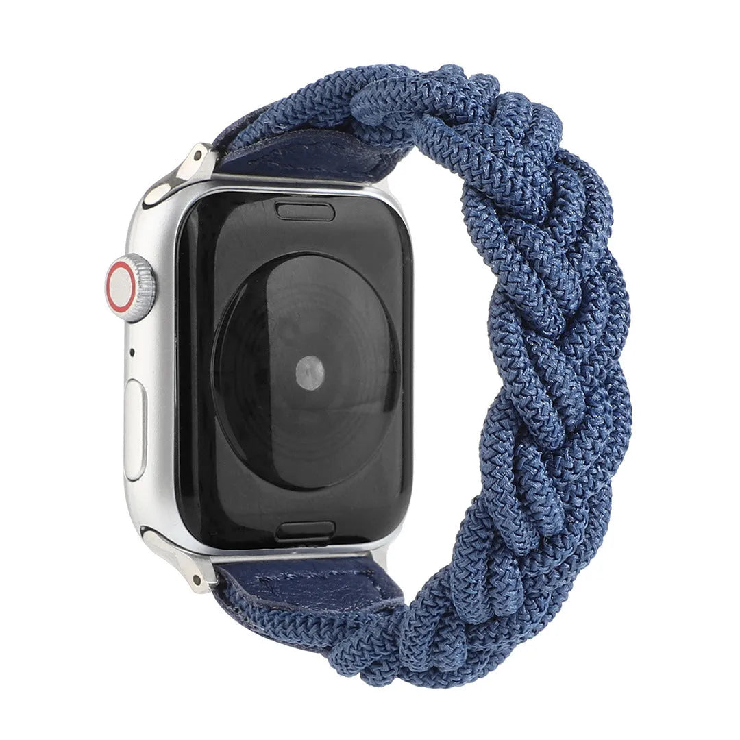 Braided solo loop watch strap for Apple Watch in army green, shown fitted to a 40mm case.