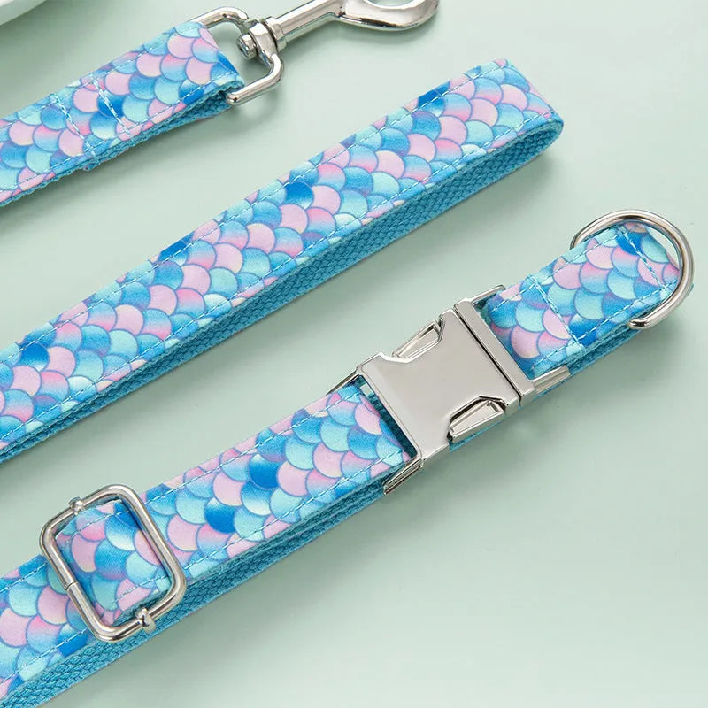 Blue mermaid collar leash dog leash with towing rope on a white background