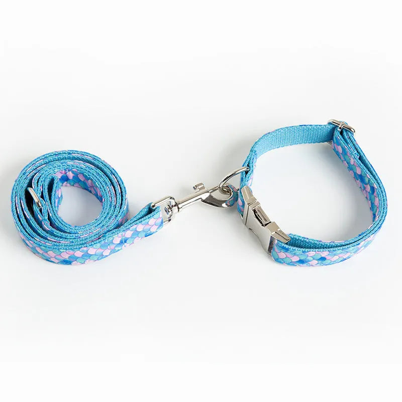 Blue mermaid collar leash dog leash with towing rope on a white background