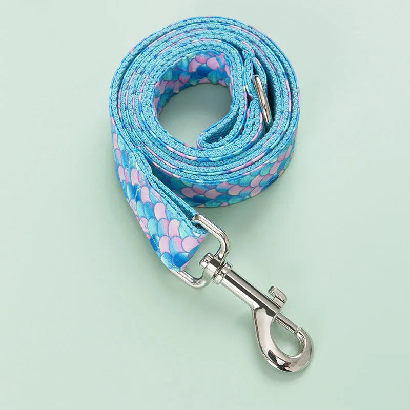 Blue mermaid collar leash dog leash with towing rope on a white background