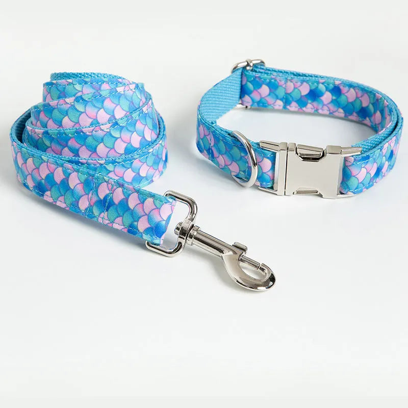 Blue mermaid collar leash dog leash with towing rope on a white background