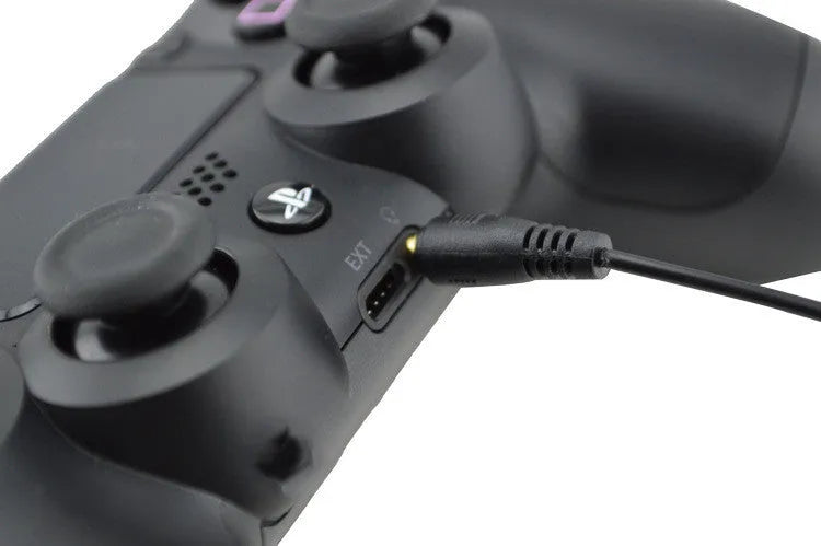 Black PS4 wired gaming headset with adjustable headband and 3.5mm audio plug