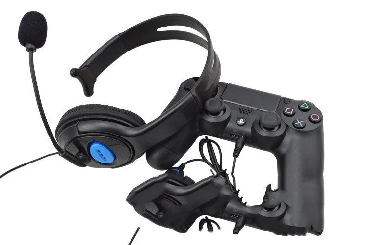 Black PS4 wired gaming headset with adjustable headband and 3.5mm audio plug