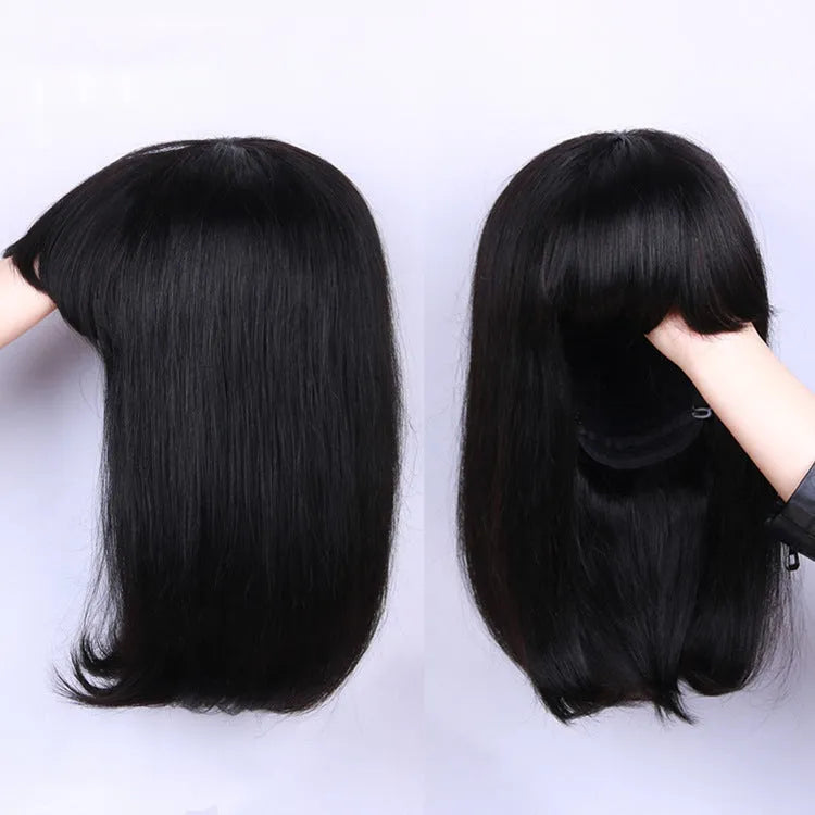 Unice Hair Black human hair wig with 10-inch length on a mannequin head.