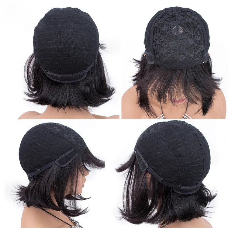 Unice Hair Black human hair wig with 10-inch length on a mannequin head.