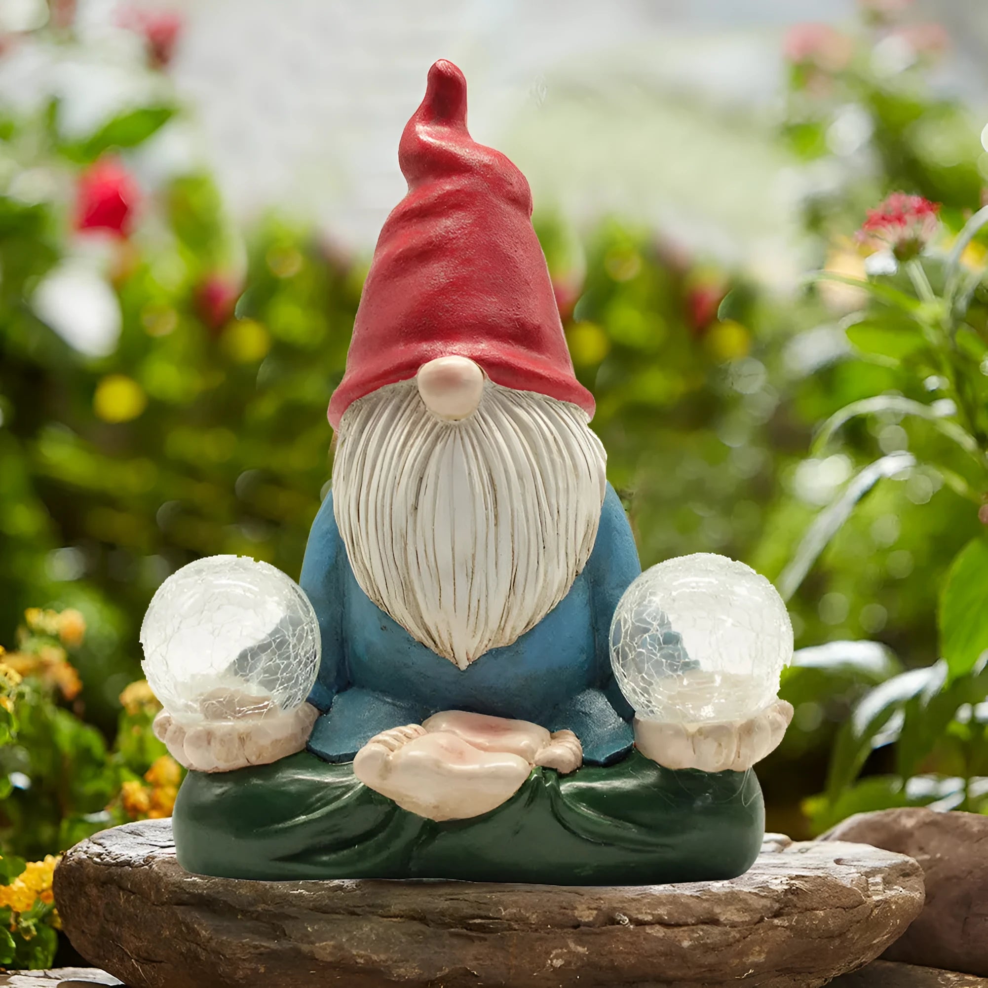 Solar-powered resin dwarf doll ornament with LED lighting for outdoor garden decoration