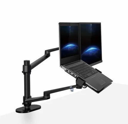 Aluminium multifunction desk laptop stand with full motion column bar, available in black and silver, notebook bracket style