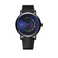 Men's turntable quartz watch with metal case, mineral glass, date display, and pin buckle strap