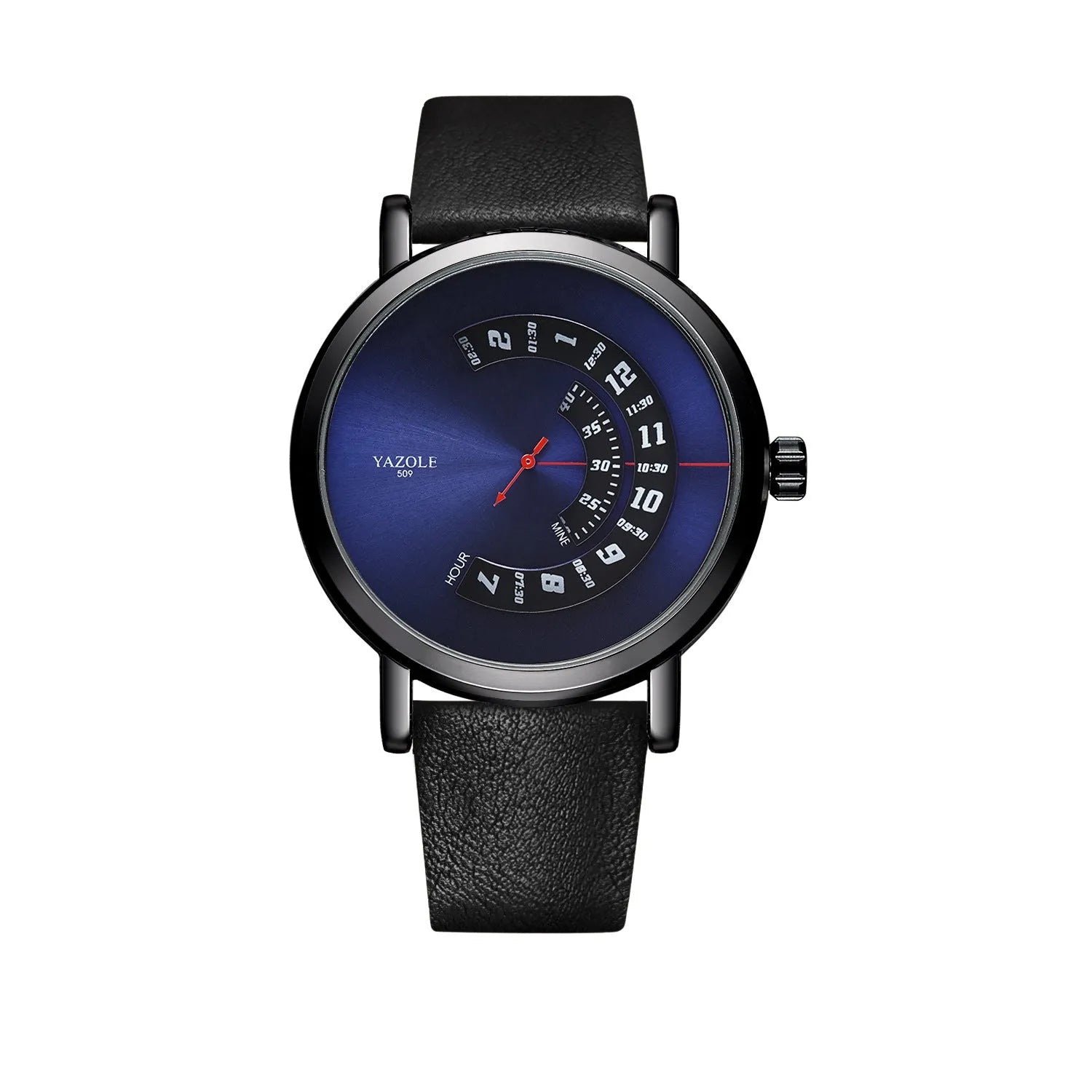 Men's turntable quartz watch with metal case, mineral glass, date display, and pin buckle strap