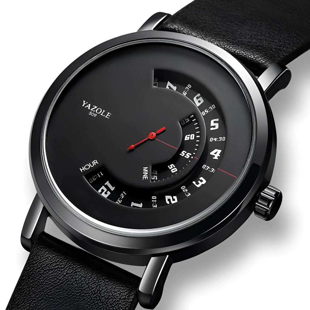 Men's turntable quartz watch with metal case, mineral glass, date display, and pin buckle strap
