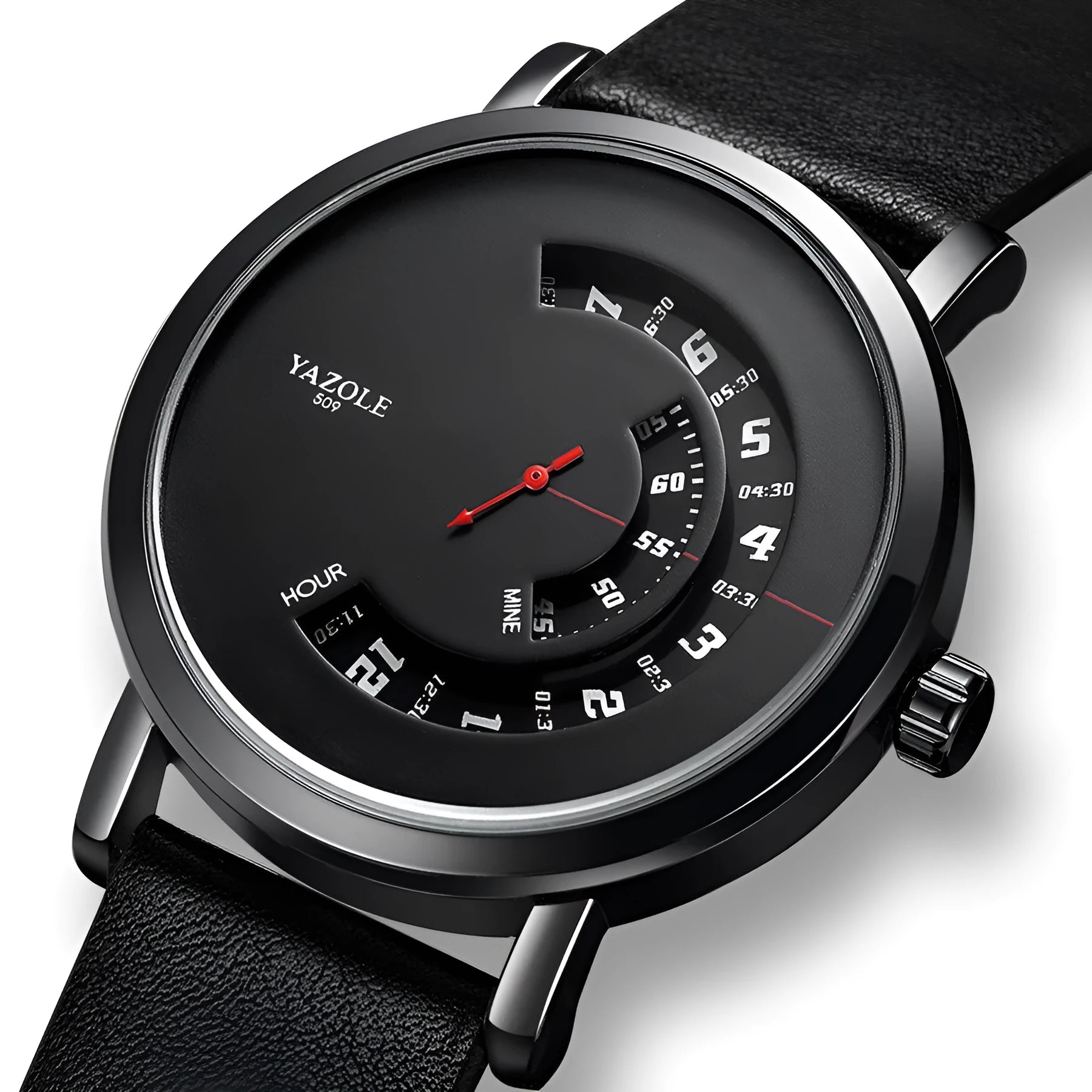 Men's turntable quartz watch with metal case, mineral glass, date display, and pin buckle strap