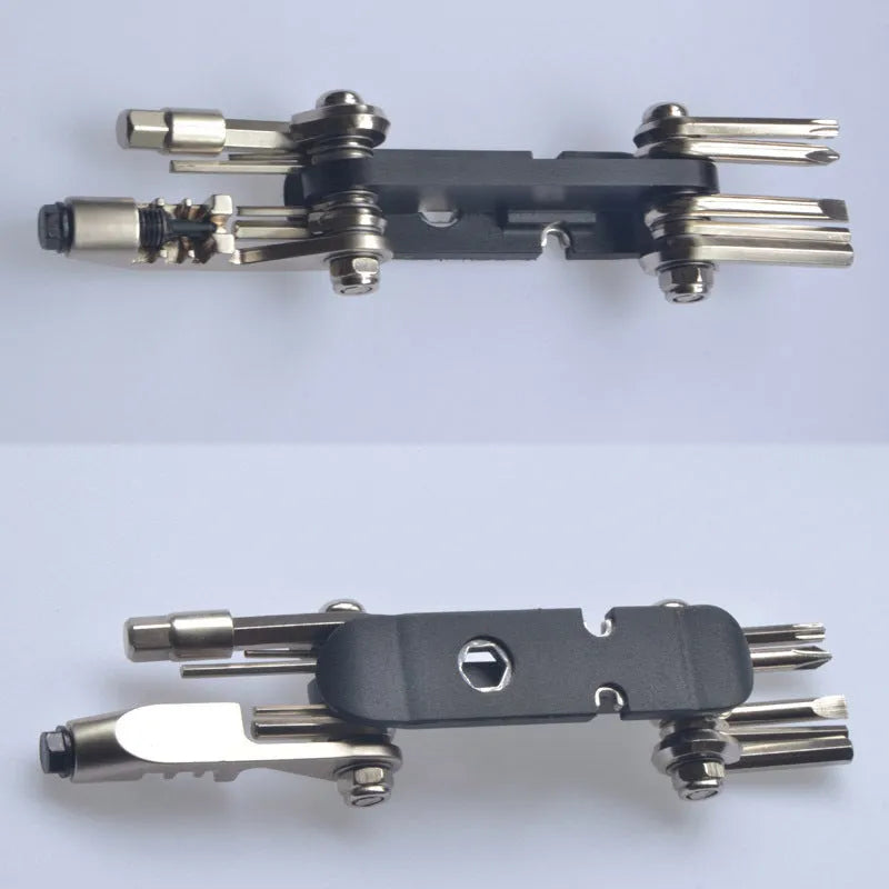 Chrome vanadium steel bicycle repair combination tool with foldable wrenches and chain tools