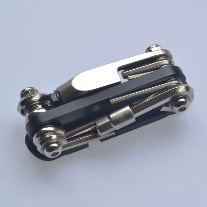 Chrome vanadium steel bicycle repair combination tool with foldable wrenches and chain tools