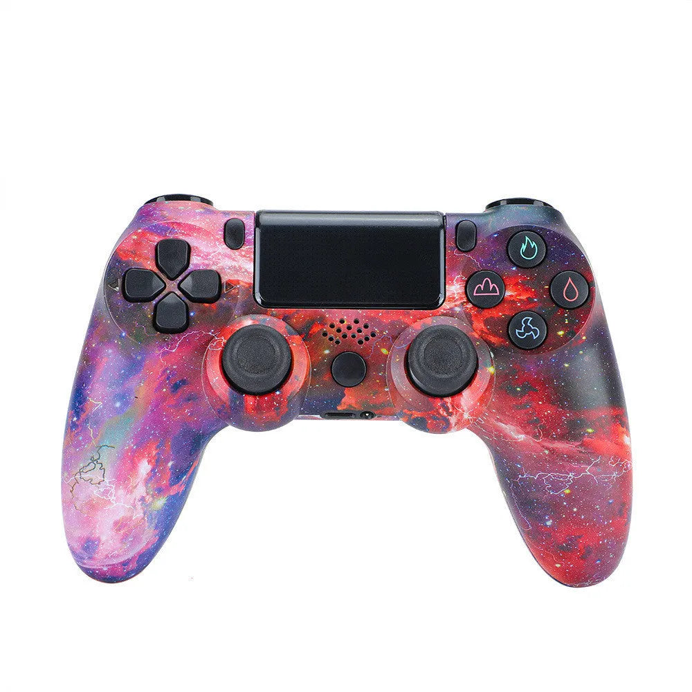 PS4 wired USB gamepad controller in various colours including crackle pattern and starry sky designs.