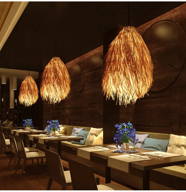 Rattan pine cone design chandelier with adjustable height up to 1 metre and 300mm diameter