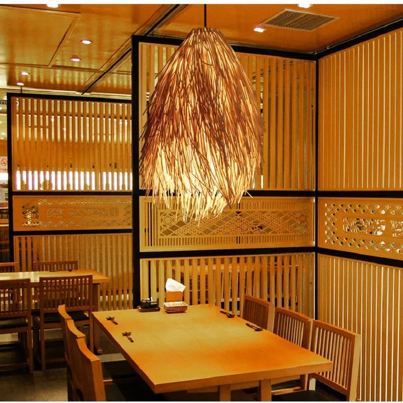Rattan pine cone design chandelier with adjustable height up to 1 metre and 300mm diameter
