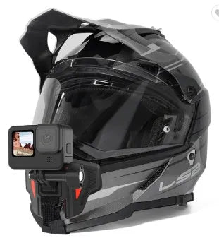 Black universal motorcycle helmet mount for GoPro and action cameras with nylon straps.