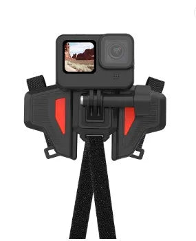 Black universal motorcycle helmet mount for GoPro and action cameras with nylon straps.