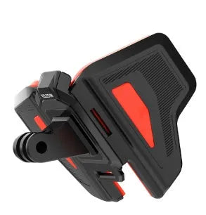 Black universal motorcycle helmet mount for GoPro and action cameras with nylon straps.