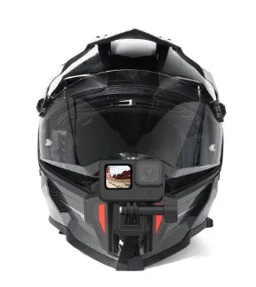 Black universal motorcycle helmet mount for GoPro and action cameras with nylon straps.