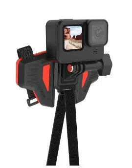 Black universal motorcycle helmet mount for GoPro and action cameras with nylon straps.