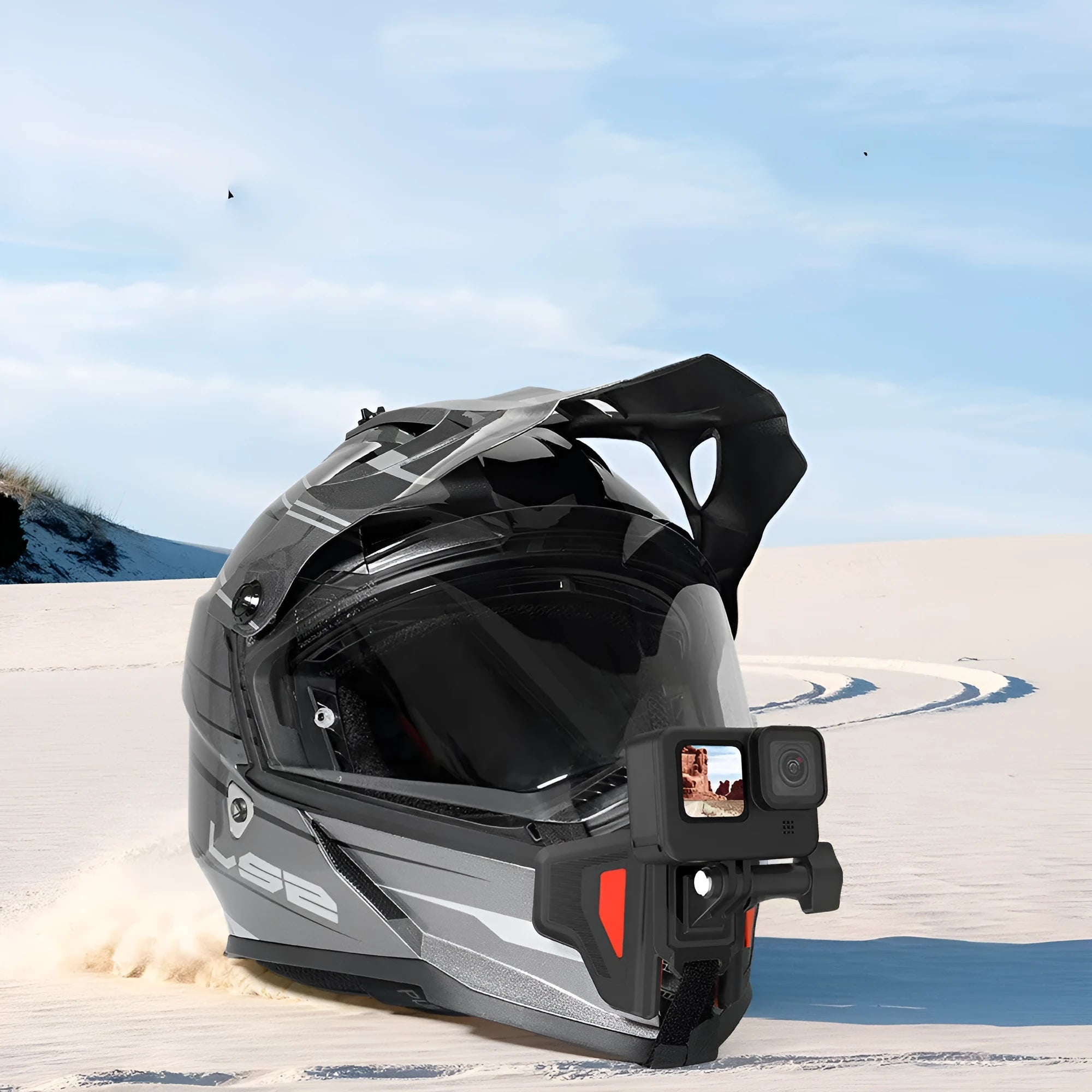 Black universal motorcycle helmet mount for GoPro and action cameras with nylon straps.