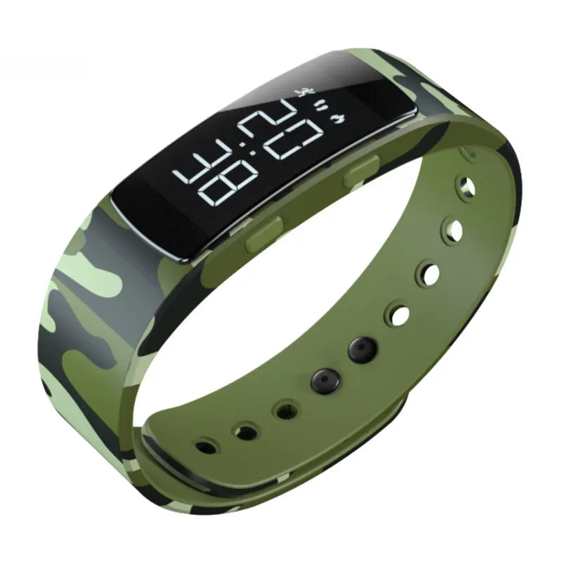 40mm digital sports watch with luminous display on a bracelet strap, shown in camouflage green colour.