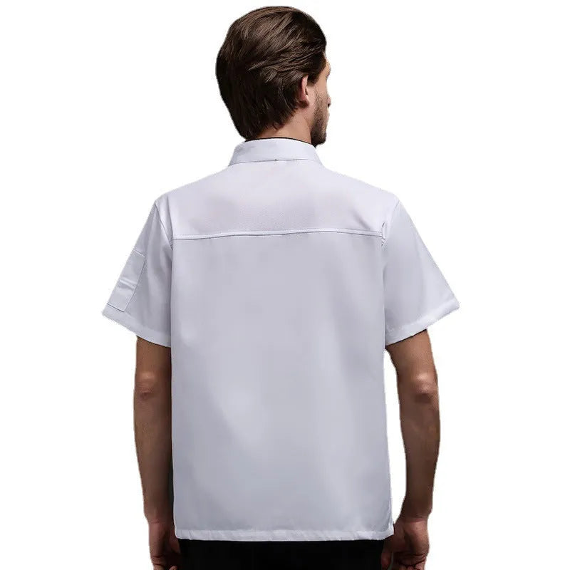 Cotton blend short sleeve work jacket for chef in white with anti-oil function and button front