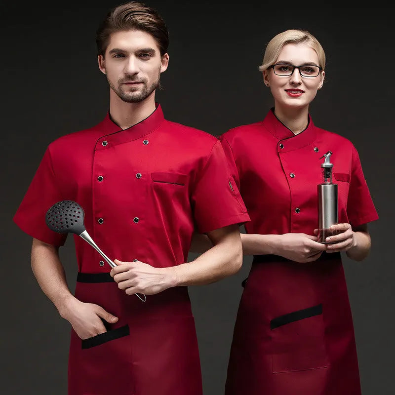 Cotton blend short sleeve work jacket for chef in white with anti-oil function and button front