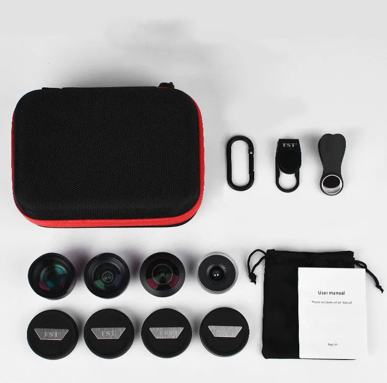 Factory direct mobile phone external lens set with portrait, fisheye, wide-angle, and macro lenses for smartphone photography