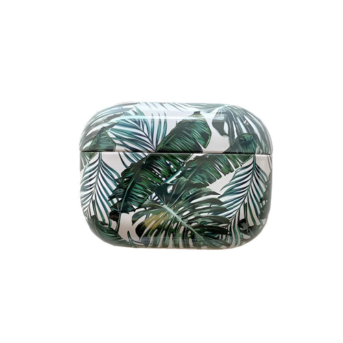 Blue TPU AirPods case cover with a painted tropical banana leaves design.