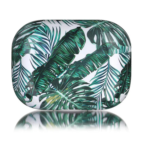 Blue TPU AirPods case cover with a painted tropical banana leaves design.