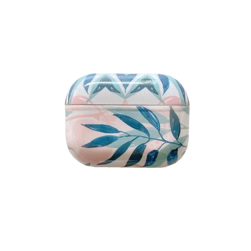 Blue TPU AirPods case cover with a painted tropical banana leaves design.