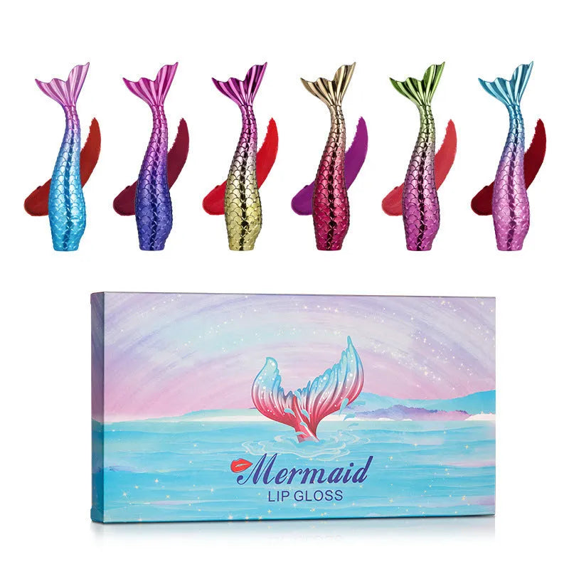 Set of 6 matte lip gloss shades in mermaid colours in a lipstick set pack