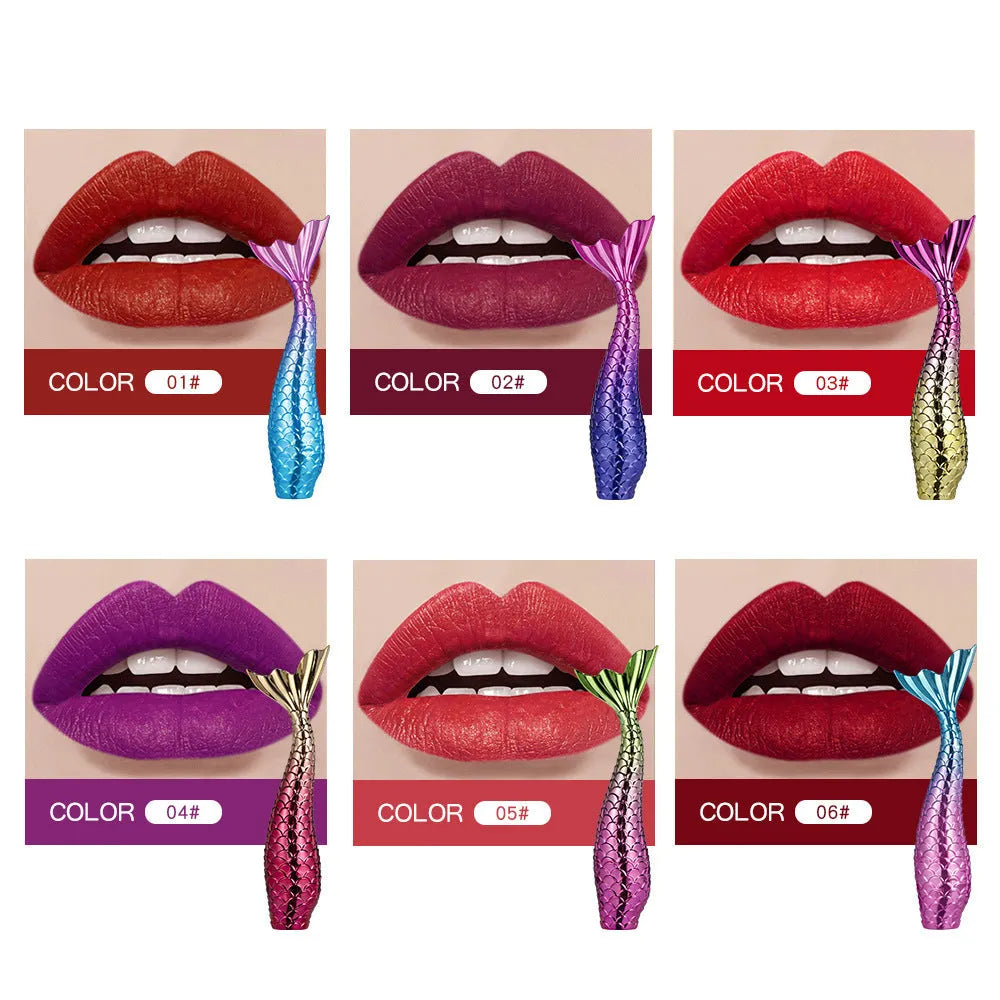 Set of 6 matte lip gloss shades in mermaid colours in a lipstick set pack