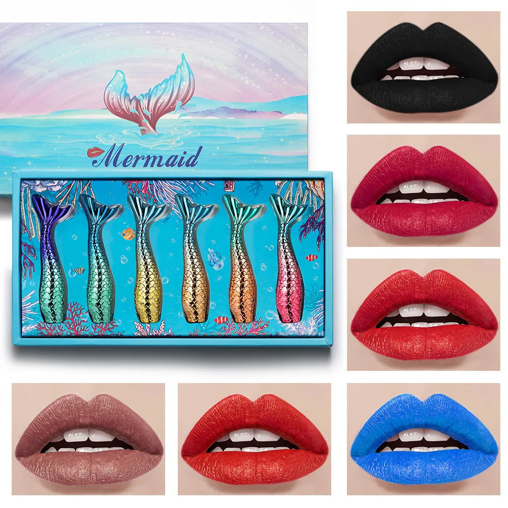 Set of 6 matte lip gloss shades in mermaid colours in a lipstick set pack