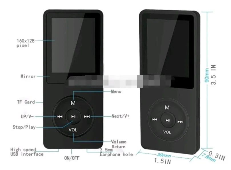 Compact black MP4 player with a 1.8-inch colour screen, showing a music playlist interface.