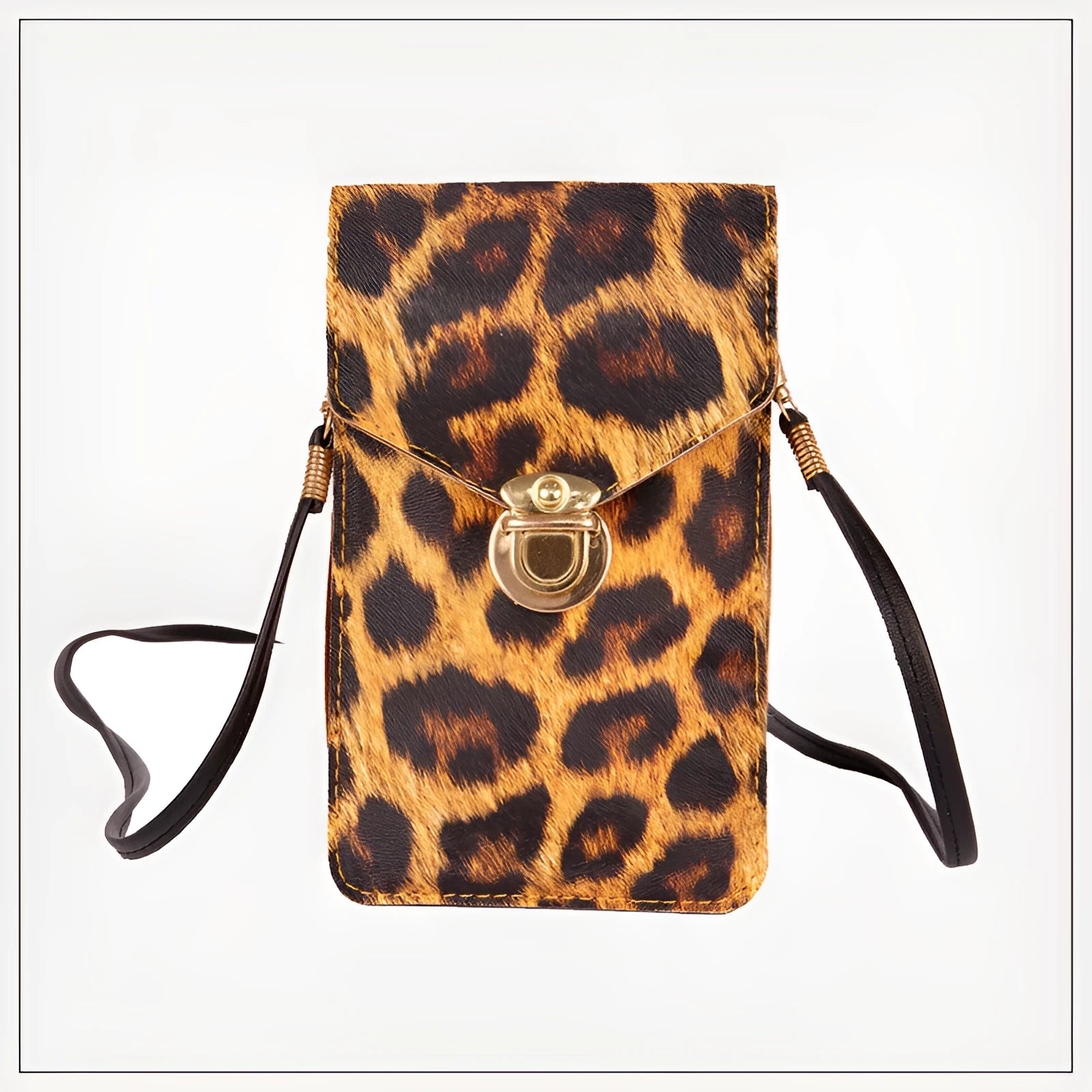 Retro leopard print PU leather phone bag for 5 inch smartphones with lock closure and crossbody strap
