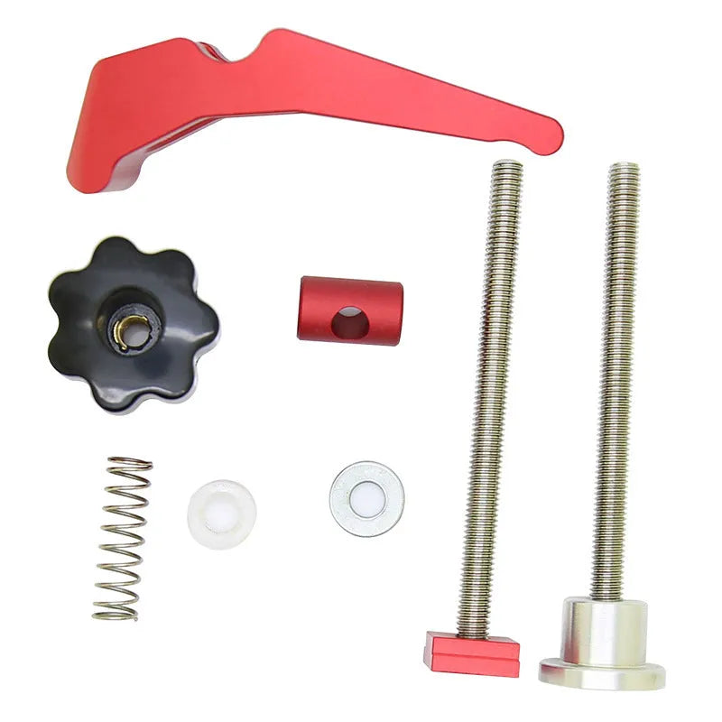 Red aluminium alloy woodworking table block slide holder with a flat mouth and handle.
