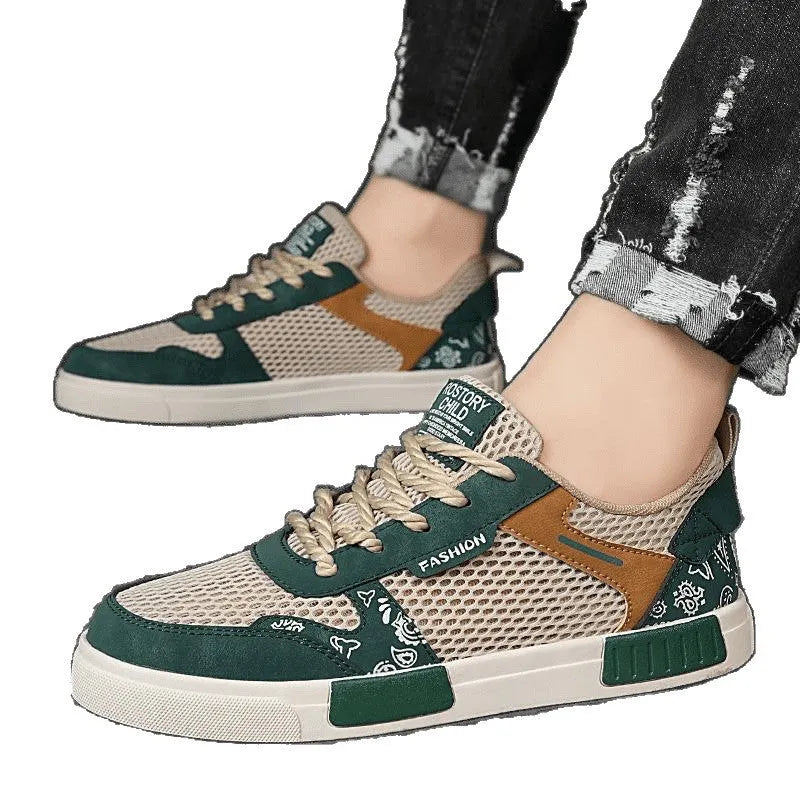 Men's breathable mesh casual shoes solid colour round toe flat heel green