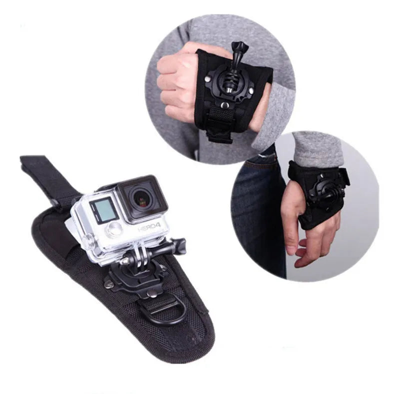 Black GoPro wrist strap with 360-degree rotating camera mount on a palm.