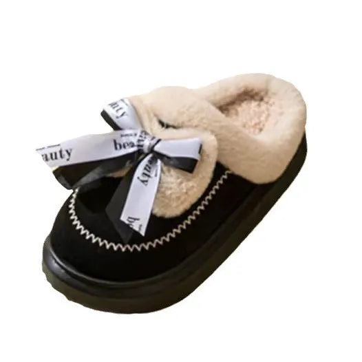 Women's beige cotton half slippers with ribbon bow design and thick EVA sole