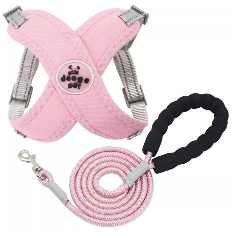 Blue polyester dog vest with an attached hand-holding rope for training.
