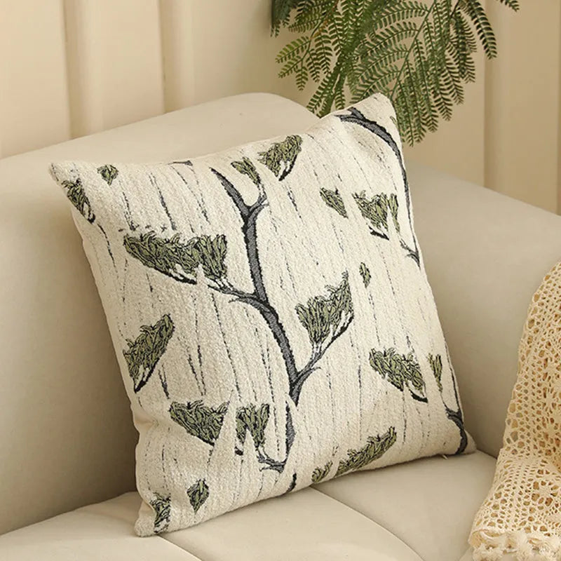 45cm square jacquard woven cushion cover with embroidered floral pattern in retro Nordic style