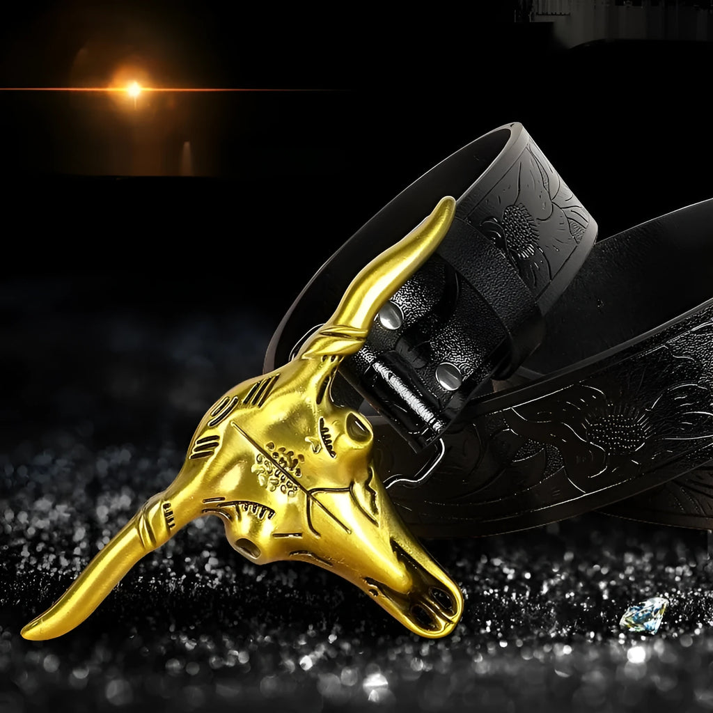 Men's brown imitation leather belt with a detailed silver alloy cow head buckle and pin fastener.