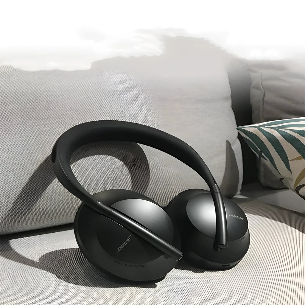 Wireless noise reduction bluetooth headset in Black with cushioned ear pads and adjustable headband