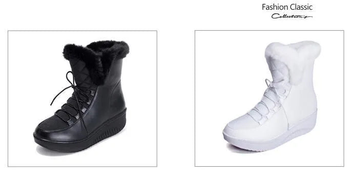 Black women's lace-up platform winter boots with water-resistant PU leather and plush lining.
