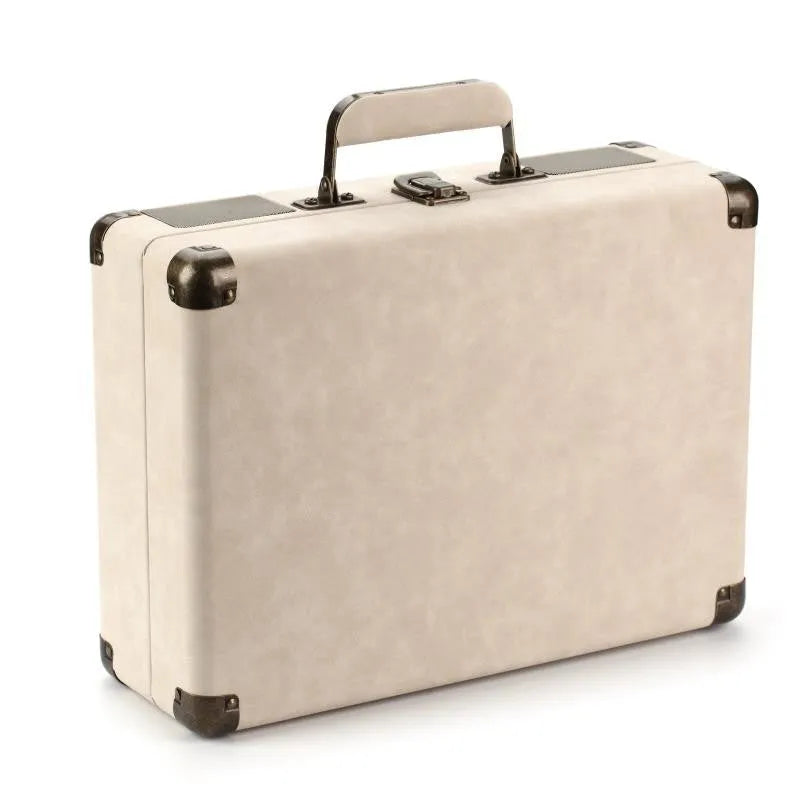 Portable Bluetooth phonograph turntable in a leather case, showing colour options.