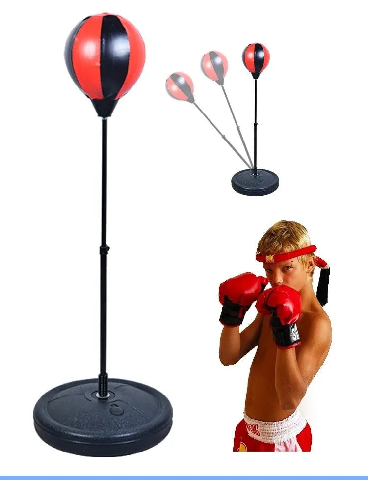 Speed boxing ball toy with inflatable vent ball, height adjustable stand, and PU base filled with water or sand