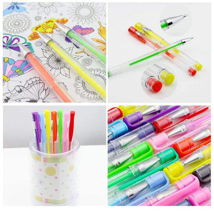 100 assorted colour gel pens with plastic barrels and dual 0.5mm and 1mm tip sizes.